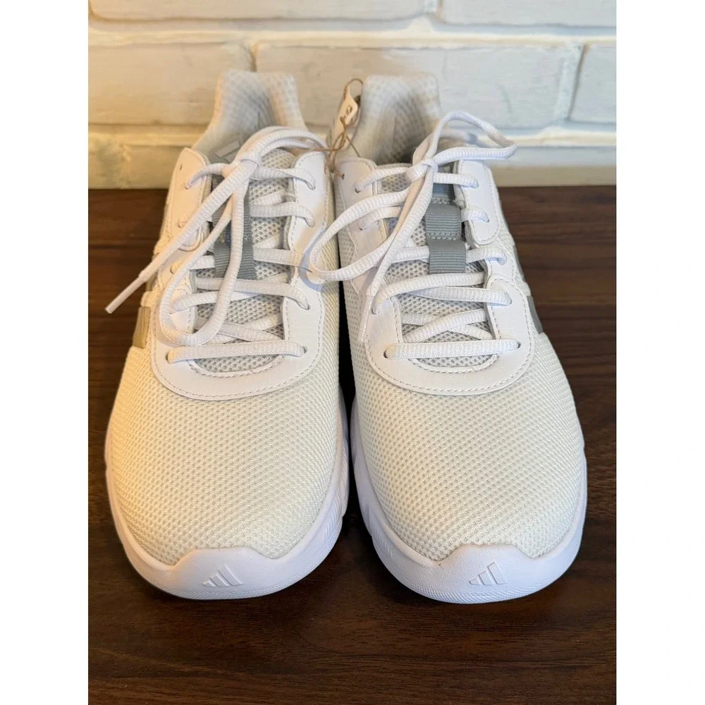Adidas Cloudfoam Flex Laces Womens •8• White Silver Running Shoes Athleisure Gym